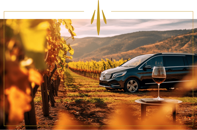 Van Mercedes Benz Clase V en viñedo exclusivo de la Rioja. Colores cálidos del atardecer en verano y sensación de exclusividad en la ruta de lujo por el viñedo.